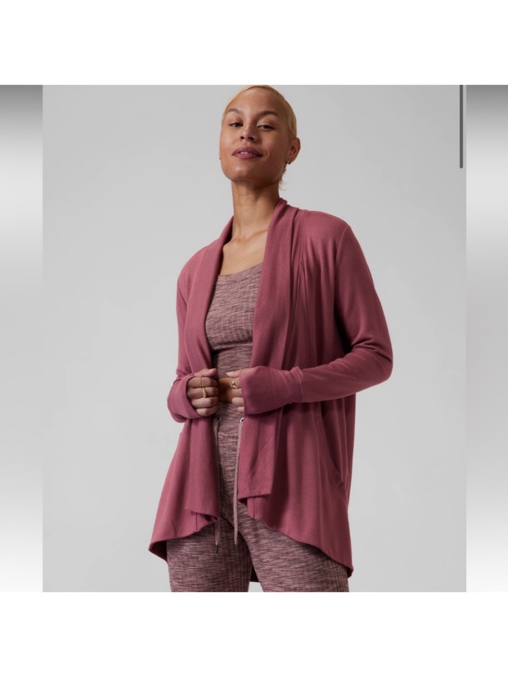 Athleta Pranayama Wrap Cardigan Size L Tawny Rose Modal Open Front